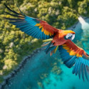 Lapa roja volando sobre bosque